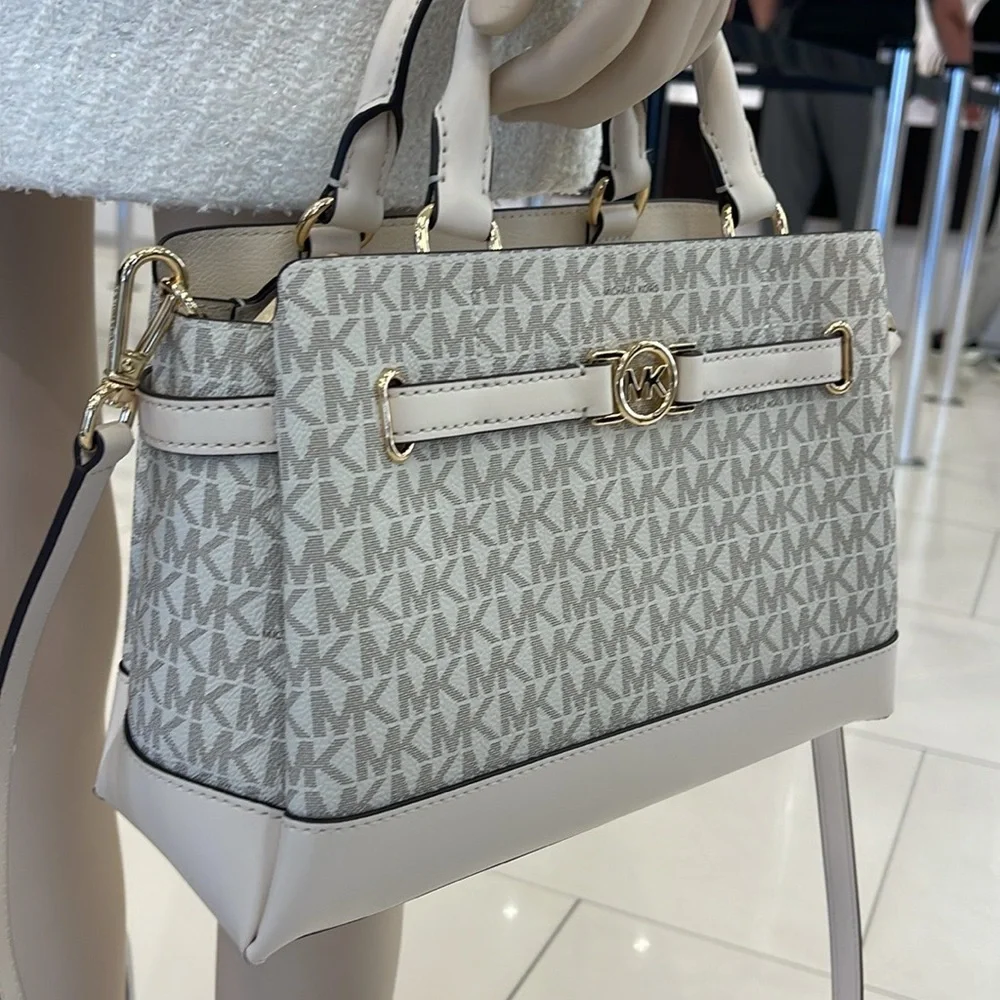 Michael Kors Reed Sm Belted Logo Satchel Crossbody CZip Bag Lt Cream Multi NWT